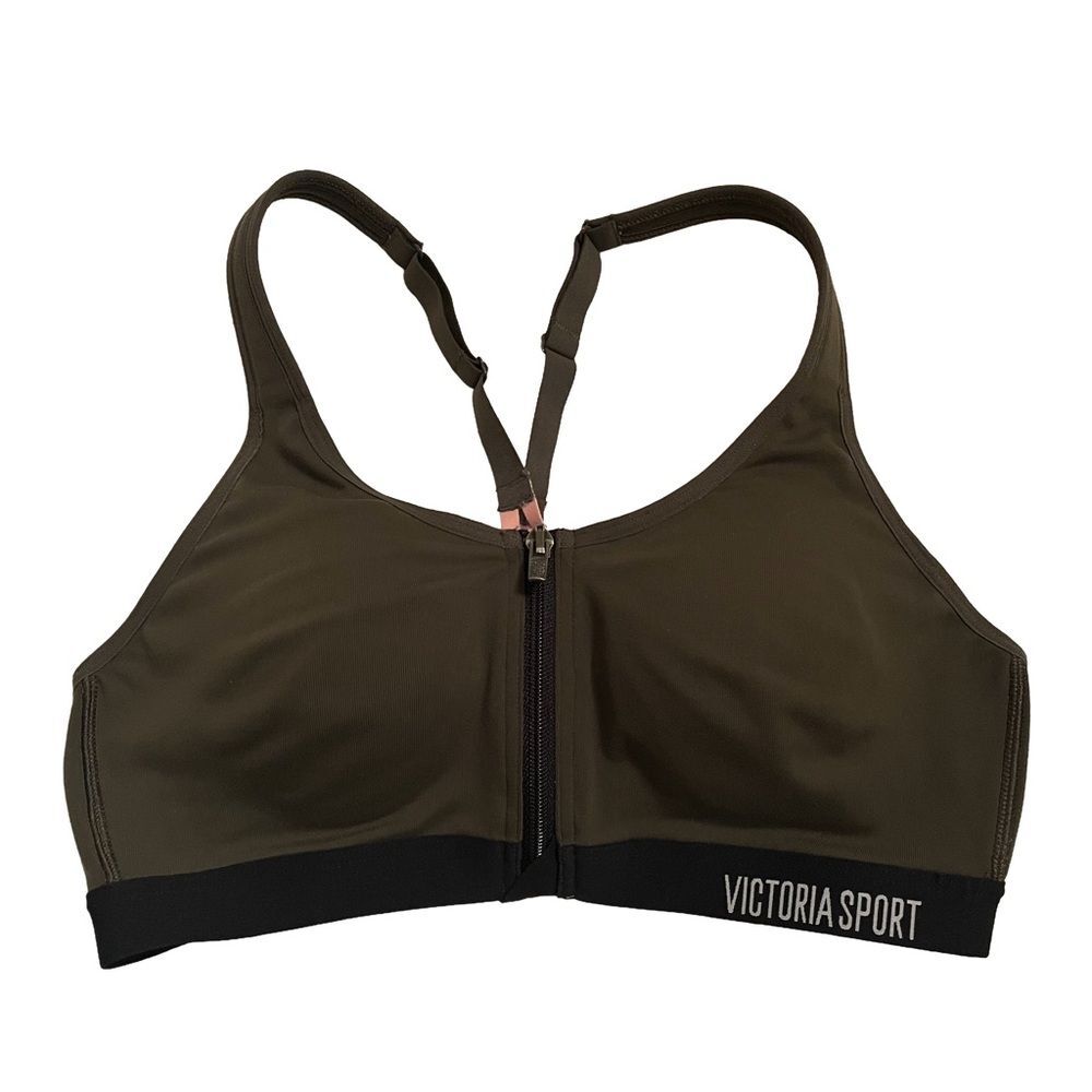 Victoria Sport Olive Green Knockout Zip Front Sports Bra size 34B High Impact